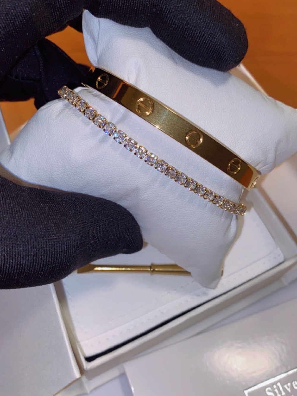 Gold Tennis Bracelet and Screw-Style Bangle Set - Gold